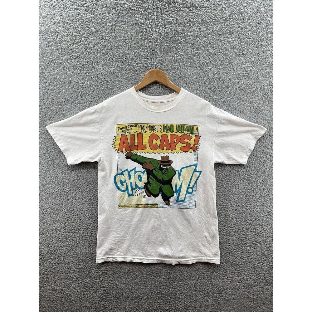 Stones Throw MF DOOM Mad Villain All Caps Rare White T-Shirt Men’s Size Medium